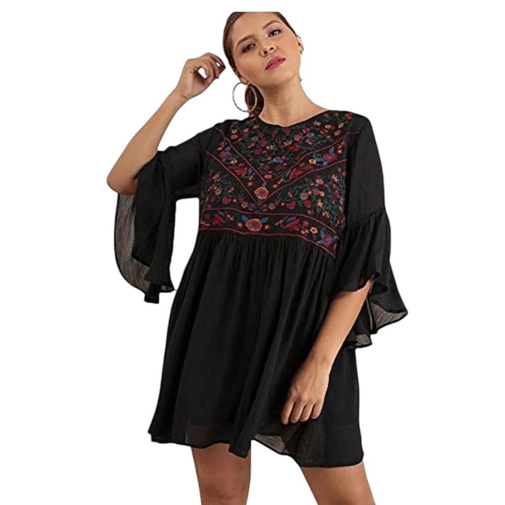 Umgee Boho Bliss Embroidered Bell Sleeve Mini Sun Dress XL Black Floral Bohemian
